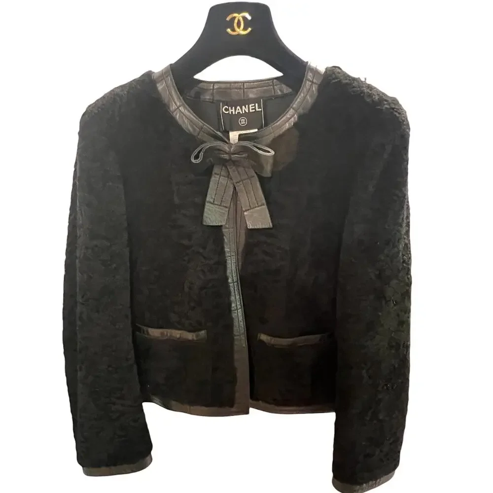 Chanel 2003 Lambskin Leather Bow Cropped Jacket Black Size 42